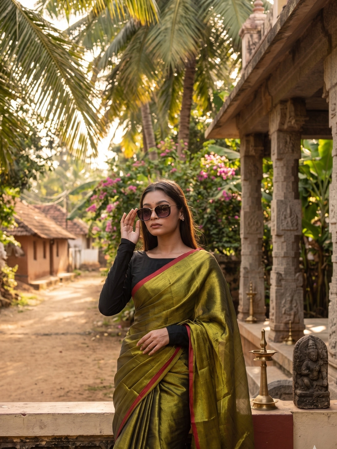 Aakar Gold Tissue Saree with Thin Red Border for Women | Handloom Lightweight Shimmer Saree with Unstitched Blouse Piece | Festive Wedding Partywear Saree