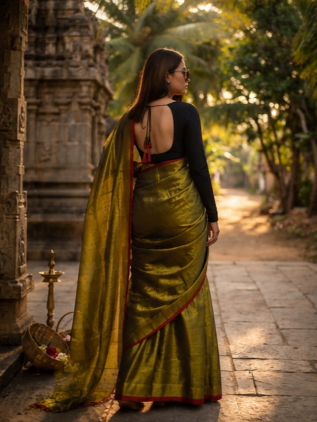 Aakar Gold Tissue Saree with Thin Red Border for Women | Handloom Lightweight Shimmer Saree with Unstitched Blouse Piece | Festive Wedding Partywear Saree
