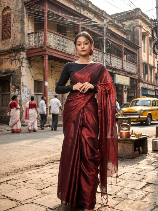 Aakar Wine Red Handloom Tissue Saree for Women | Lightweight Shimmer Party wear Saree with Unstitched Blouse Piece | Elegant Festive Wedding Saree