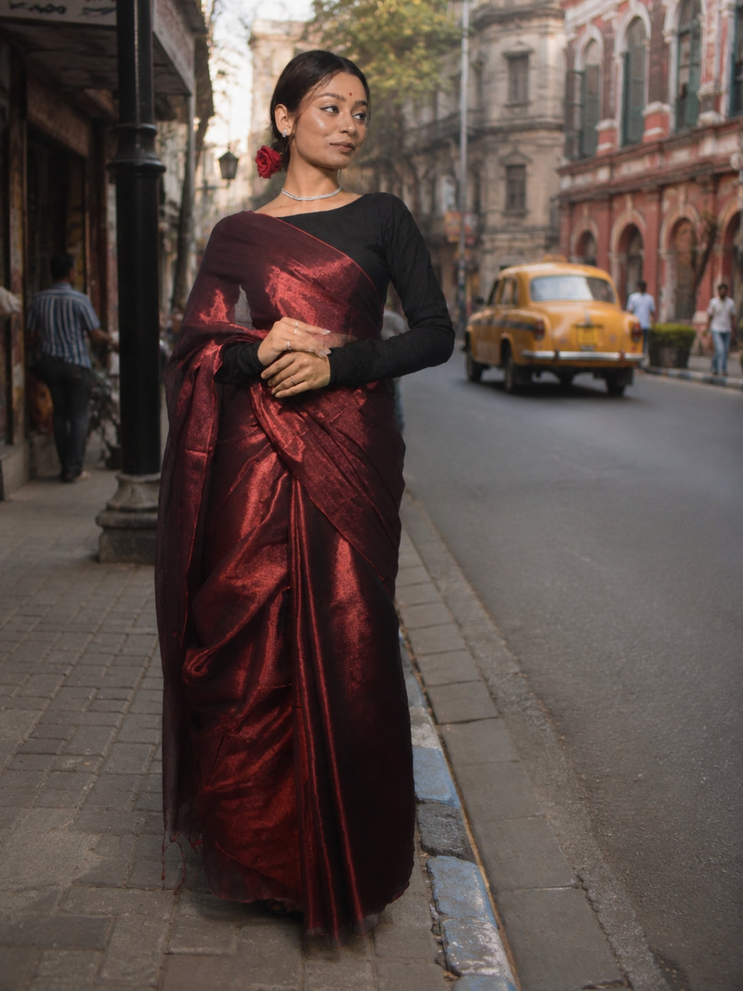 Aakar Wine Red Handloom Tissue Saree for Women | Lightweight Shimmer Party wear Saree with Unstitched Blouse Piece | Elegant Festive Wedding Saree