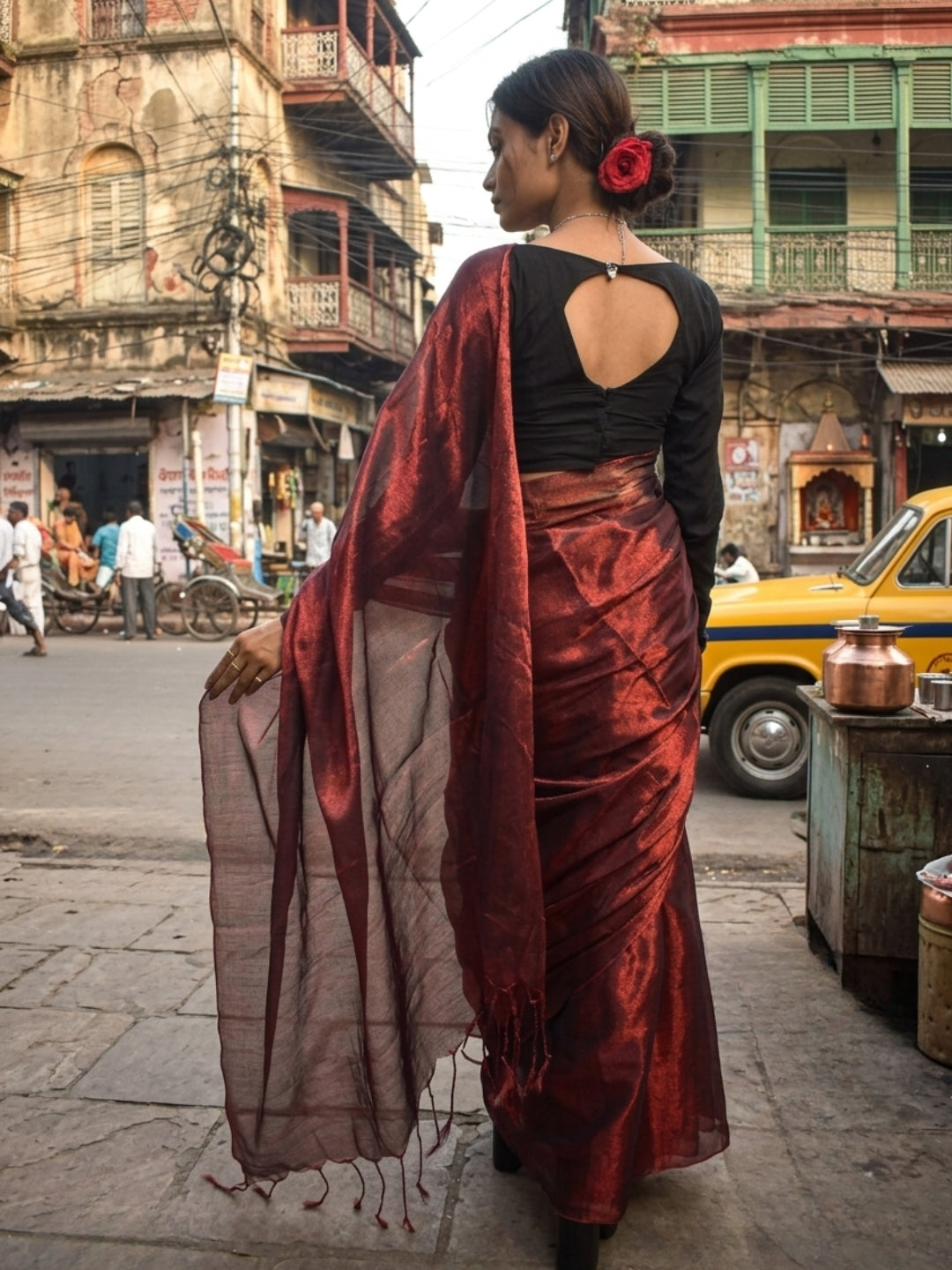 Aakar Wine Red Handloom Tissue Saree for Women | Lightweight Shimmer Party wear Saree with Unstitched Blouse Piece | Elegant Festive Wedding Saree