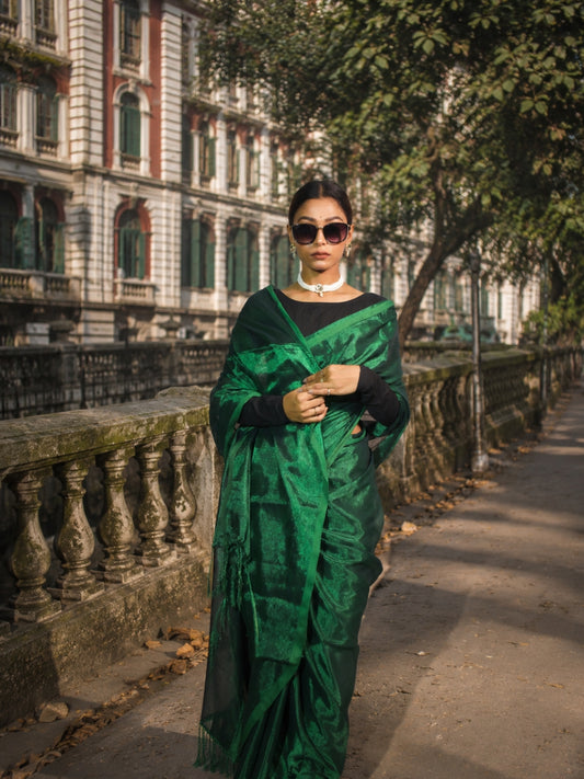 Aakar Bottle Green Handloom Tissue Saree for Women | Lightweight Shimmer Saree with Unstitched Blouse Piece | Festive Wedding Partywear Saree