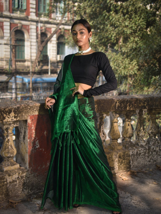 Aakar Bottle Green Handloom Tissue Saree for Women | Lightweight Shimmer Saree with Unstitched Blouse Piece | Festive Wedding Partywear Saree
