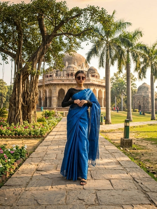 Aakar Turquoise Fleur Handloom Tissue Saree for Women | Turquoise Blue Lightweight Shimmer Saree with Unstitched Blouse Piece | Festive Wedding Partywear Saree