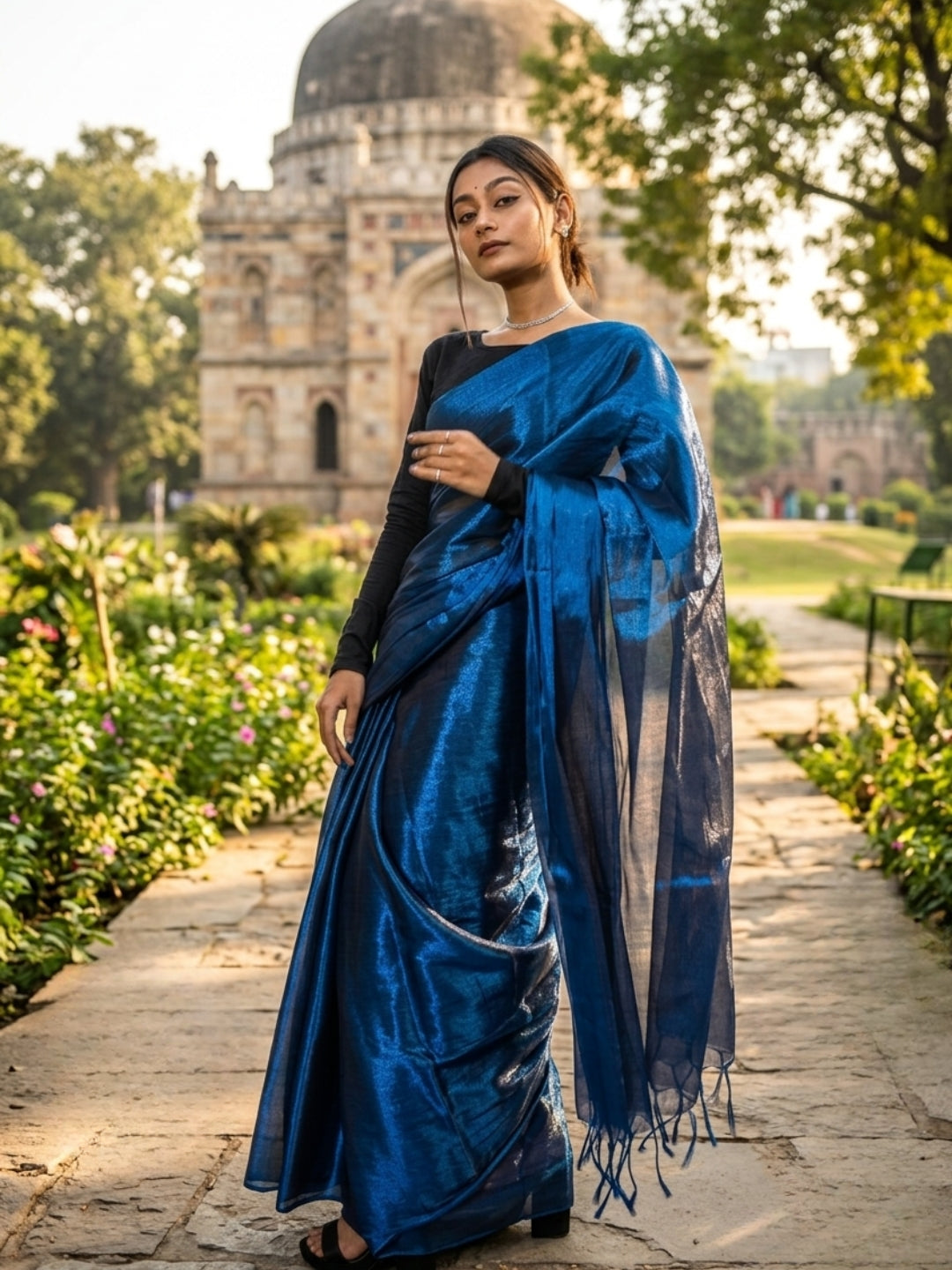 Aakar Turquoise Fleur Handloom Tissue Saree for Women | Turquoise Blue Lightweight Shimmer Saree with Unstitched Blouse Piece | Festive Wedding Partywear Saree