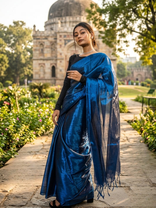 Aakar Turquoise Fleur Handloom Tissue Saree for Women | Turquoise Blue Lightweight Shimmer Saree with Unstitched Blouse Piece | Festive Wedding Partywear Saree