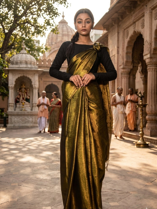 Swarnika Gold Handloom Tissue Saree for Women with Black Border | Lightweight Shimmer Partywear Saree with Blouse Piece | Festive Wedding Traditional Saree
