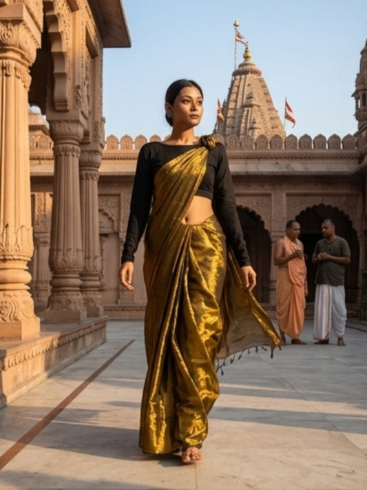 Swarnika Gold Handloom Tissue Saree for Women with Black Border | Lightweight Shimmer Partywear Saree with Blouse Piece | Festive Wedding Traditional Saree