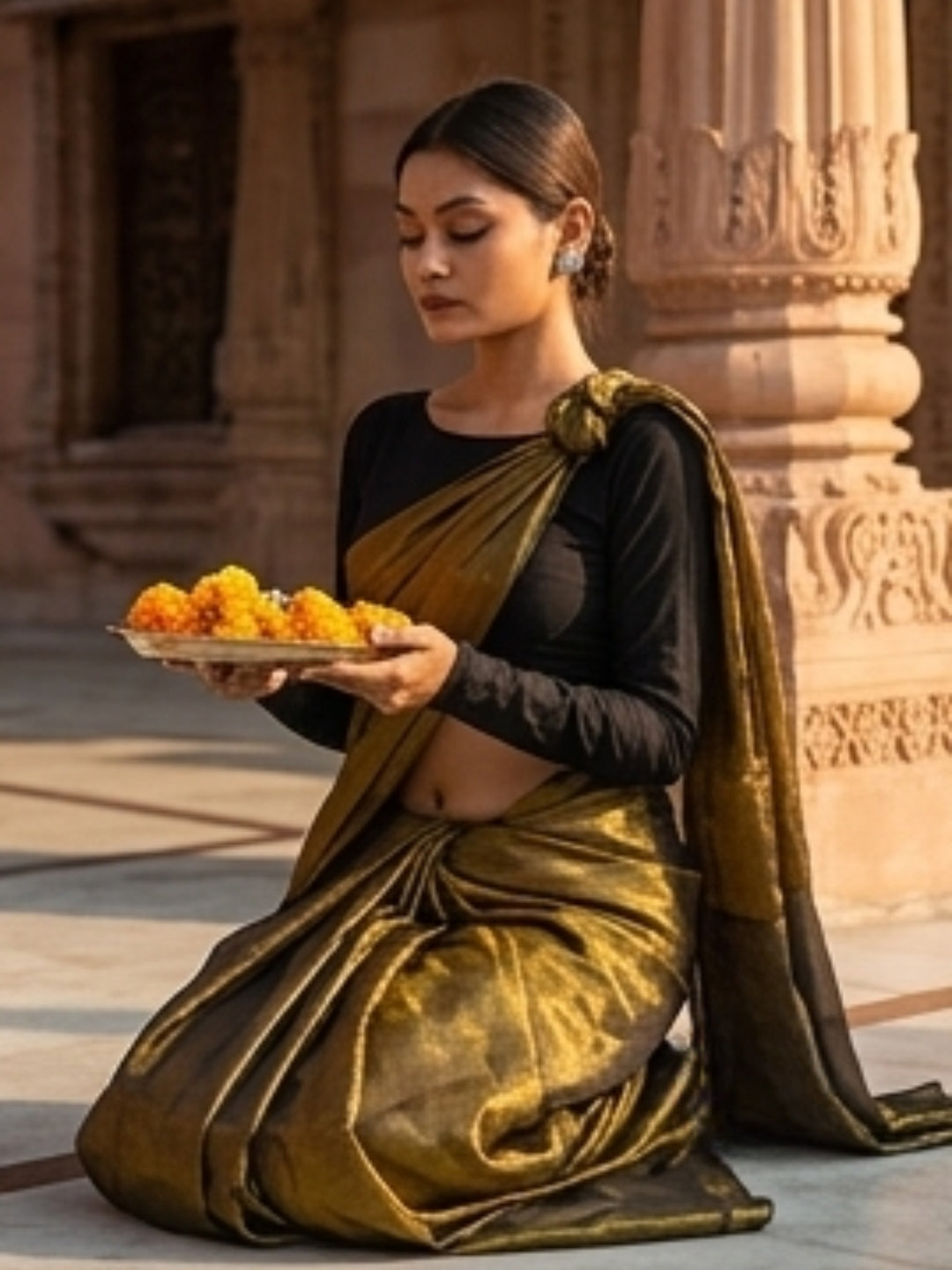 Swarnika Gold Handloom Tissue Saree for Women with Black Border | Lightweight Shimmer Partywear Saree with Blouse Piece | Festive Wedding Traditional Saree