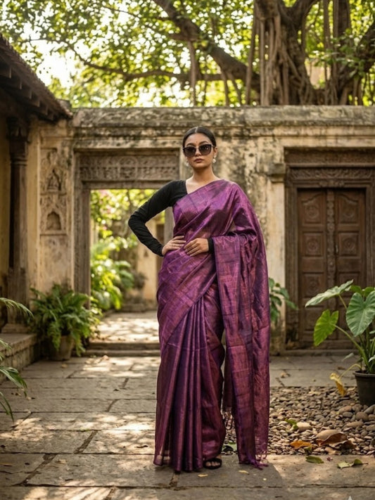 Aakar Purple Dusk Handloom Tissue Saree for Women | Lightweight Shimmer Purple Saree with Unstitched Blouse Piece | Festive Wedding Partywear Saree