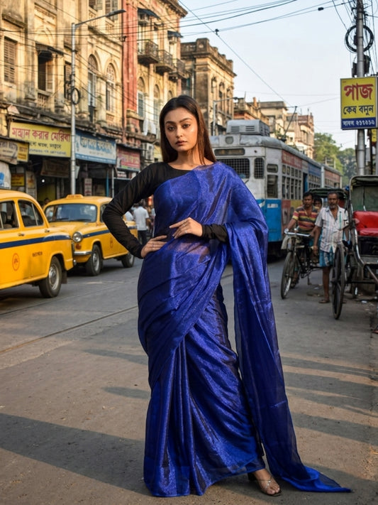 Neel Sagar | Ink Blue Handloom Tissue Saree