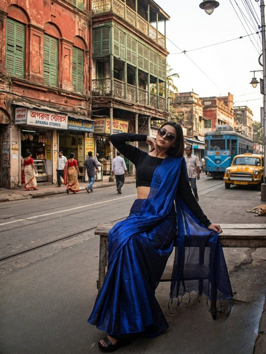 Neel Sagar | Ink Blue Handloom Tissue Saree