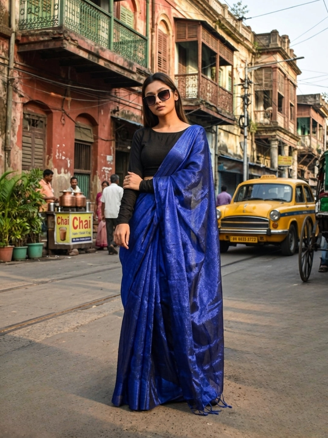 Neel Sagar | Ink Blue Handloom Tissue Saree