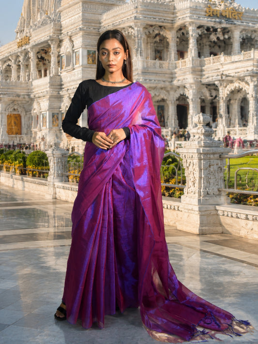 Aakar Orchid Mist Purple & Blue Handloom Tissue Saree for Women | Dual Tone Lightweight Shimmer Saree with Unstitched Blouse Piece | Festive Wedding Partywear Saree