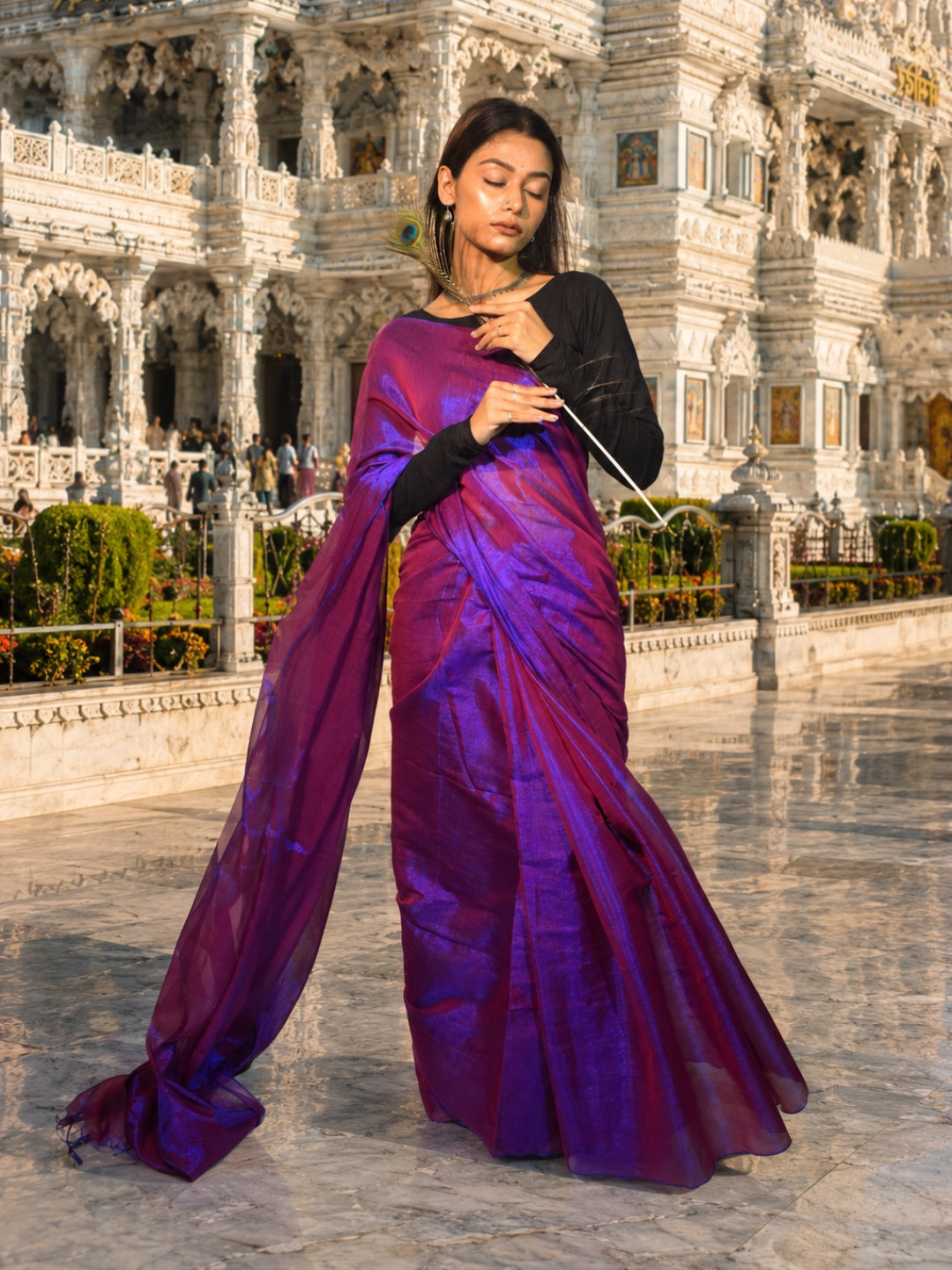 Aakar Orchid Mist Purple & Blue Handloom Tissue Saree for Women | Dual Tone Lightweight Shimmer Saree with Unstitched Blouse Piece | Festive Wedding Partywear Saree