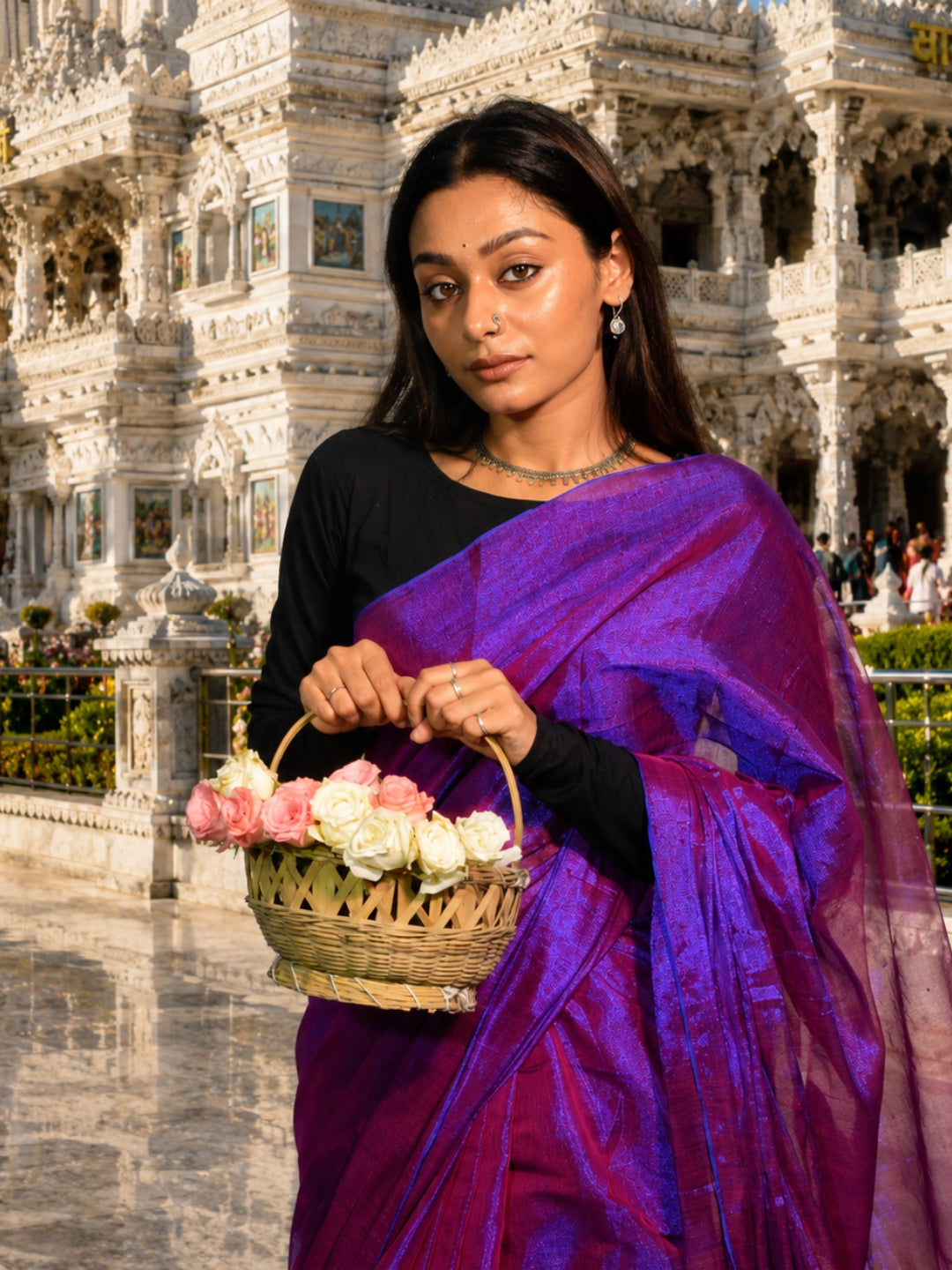 Aakar Orchid Mist Purple & Blue Handloom Tissue Saree for Women | Dual Tone Lightweight Shimmer Saree with Unstitched Blouse Piece | Festive Wedding Partywear Saree