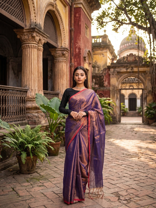 Aakar Midnight Melt Copper & Blue Handloom Tissue Saree for Women | Dual Tone Lightweight Shimmer Saree with Unstitched Blouse Piece | Festive Wedding Partywear Saree