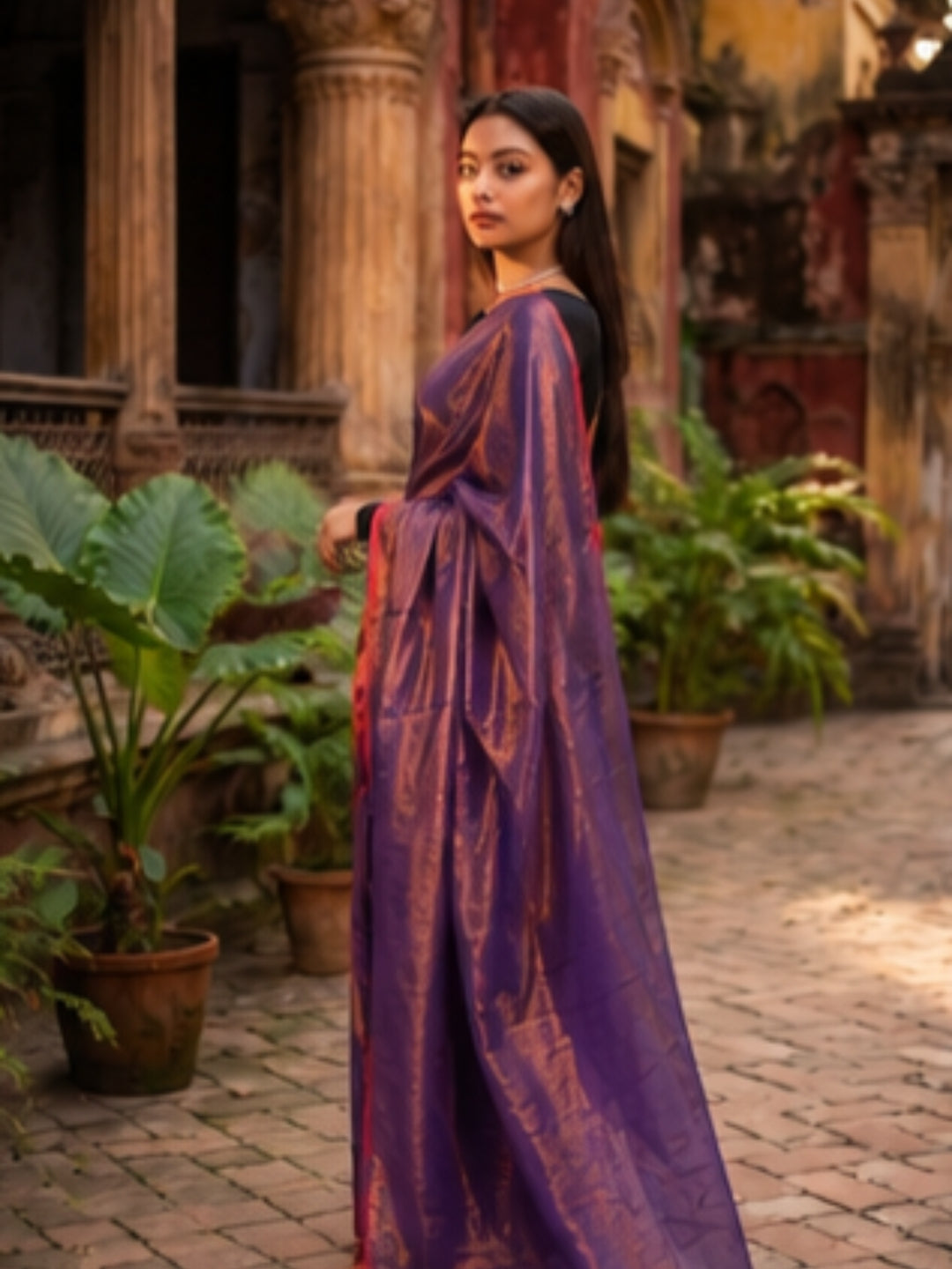 Aakar Midnight Melt Copper & Blue Handloom Tissue Saree for Women | Dual Tone Lightweight Shimmer Saree with Unstitched Blouse Piece | Festive Wedding Partywear Saree