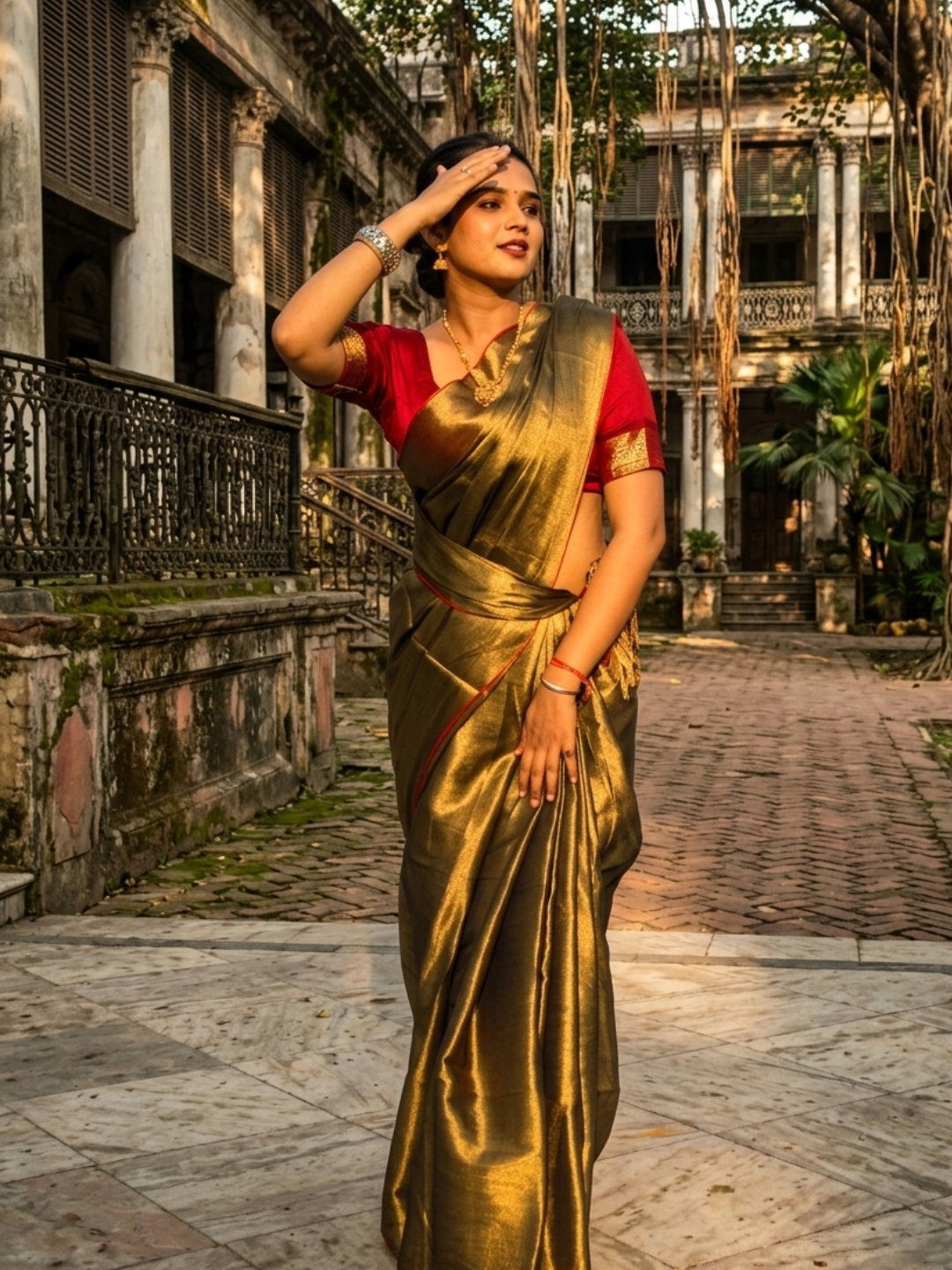 Aakar Gold Tissue Saree with Thin Red Border for Women | Handloom Lightweight Shimmer Saree with Unstitched Blouse Piece | Festive Wedding Partywear Saree