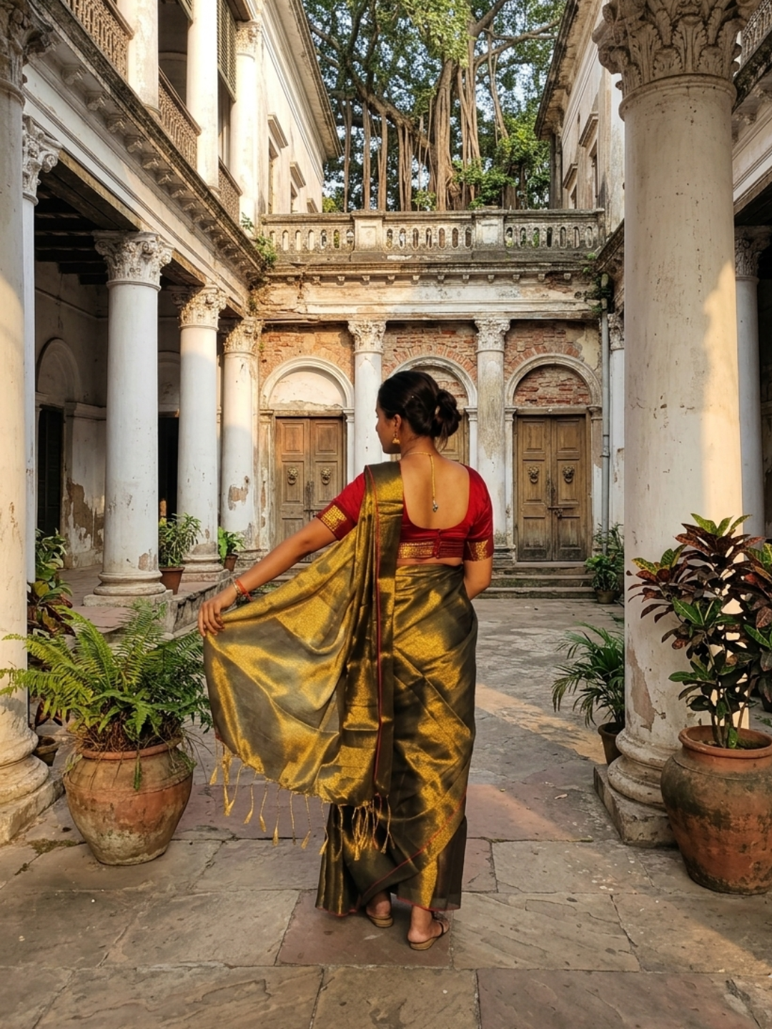 Aakar Gold Tissue Saree with Thin Red Border for Women | Handloom Lightweight Shimmer Saree with Unstitched Blouse Piece | Festive Wedding Partywear Saree