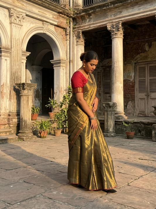 Aakar Gold Tissue Saree with Thin Red Border for Women | Handloom Lightweight Shimmer Saree with Unstitched Blouse Piece | Festive Wedding Partywear Saree
