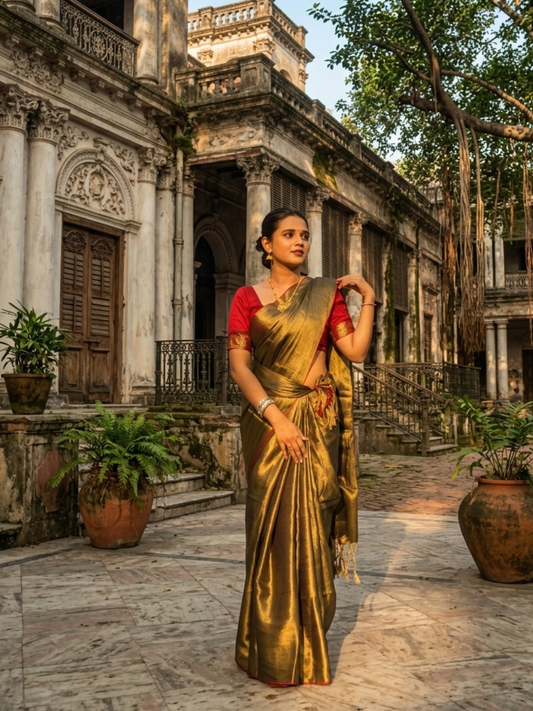 Aakar Gold Tissue Saree with Thin Red Border for Women | Handloom Lightweight Shimmer Saree with Unstitched Blouse Piece | Festive Wedding Partywear Saree
