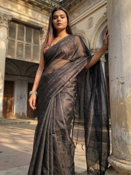 Aakar Black Handloom Tissue Saree for Women | Lightweight Shimmer Partywear Saree with Unstitched Blouse Piece | Elegant Festive Wedding Saree