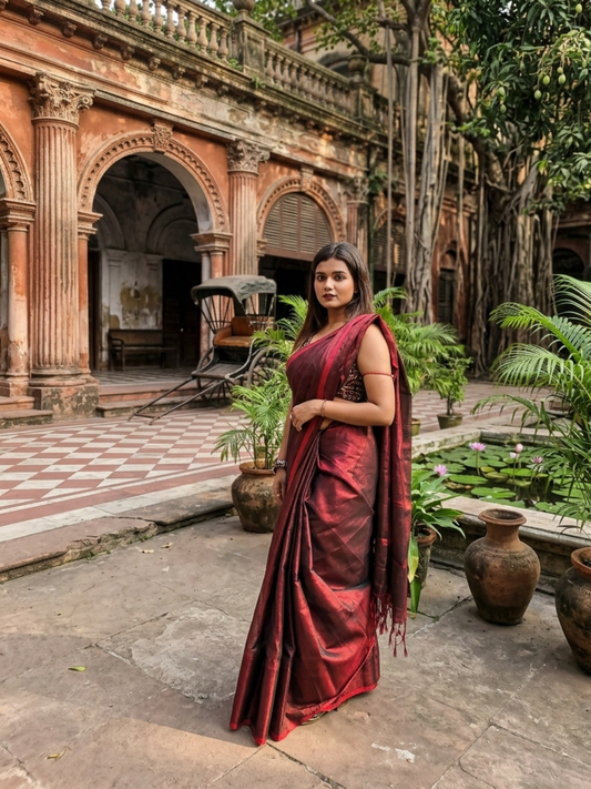 Aakar Wine Red Handloom Tissue Saree for Women | Lightweight Shimmer Partywear Saree with Unstitched Blouse Piece | Elegant Festive Wedding Saree