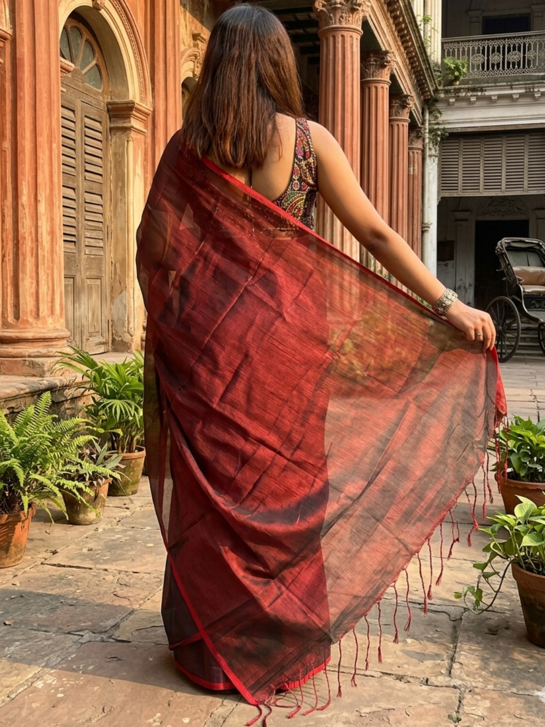 Aakar Wine Red Handloom Tissue Saree for Women | Lightweight Shimmer Partywear Saree with Unstitched Blouse Piece | Elegant Festive Wedding Saree