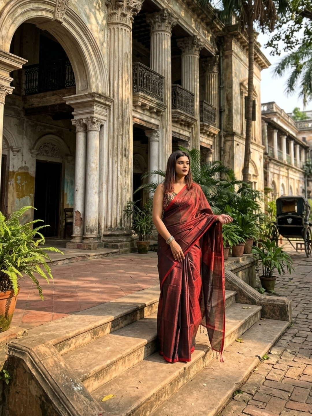 Aakar Wine Red Handloom Tissue Saree for Women | Lightweight Shimmer Partywear Saree with Unstitched Blouse Piece | Elegant Festive Wedding Saree