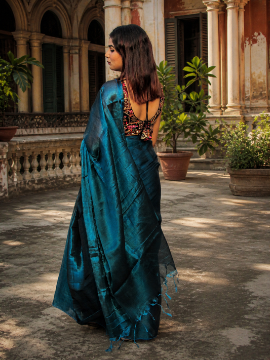 Aakar Turquoise Fleur | Turquoise Blue Handloom Tissue saree