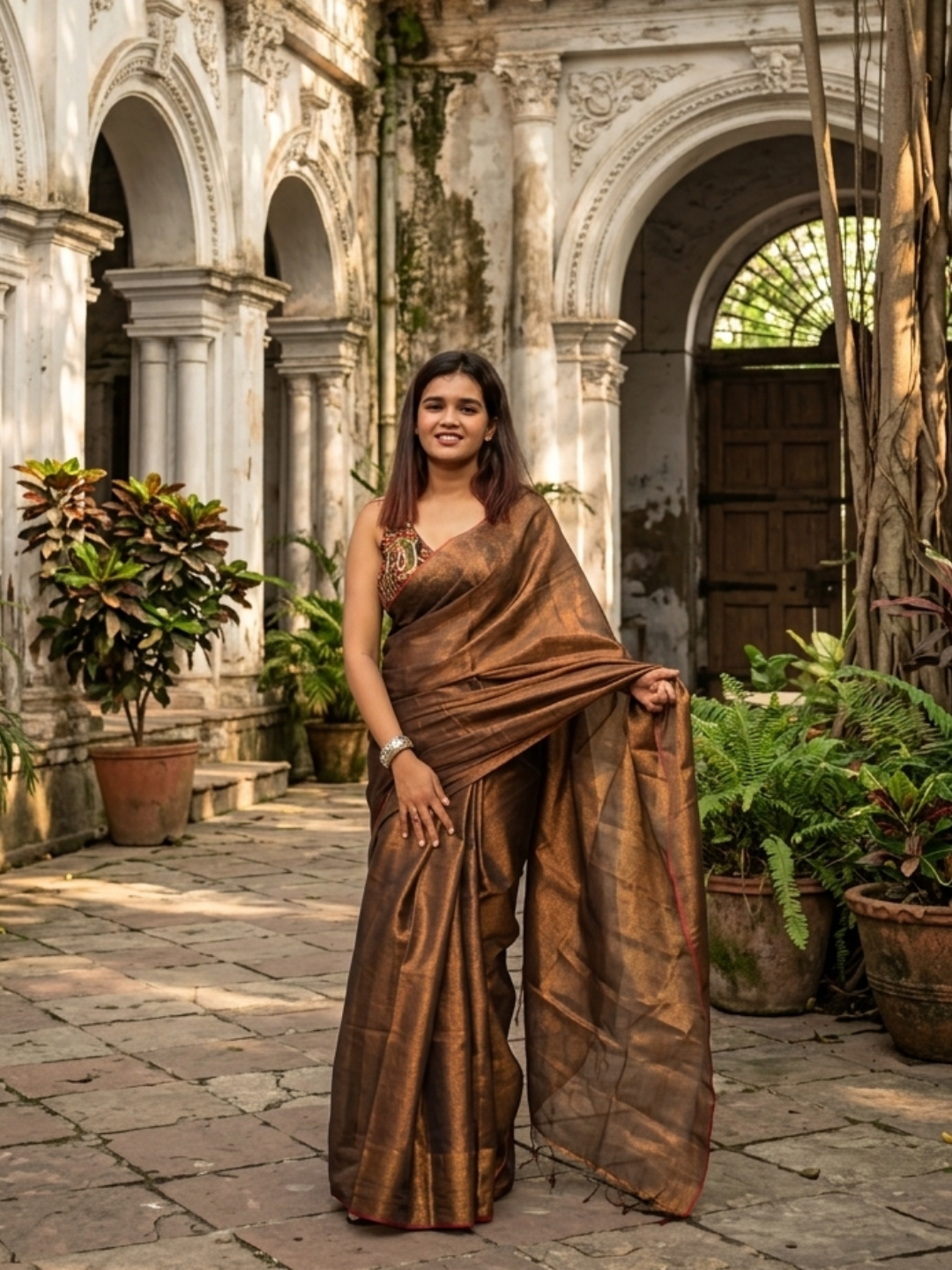 Aakar Copper Blossom | Copper Handloom Tissue Saree
