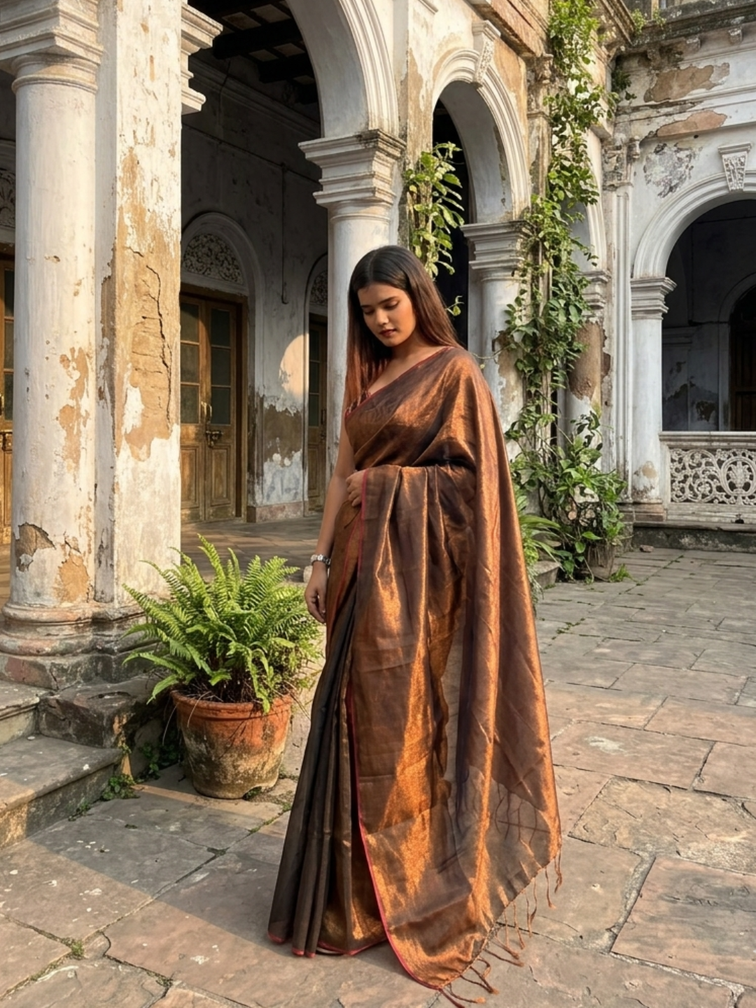Aakar Copper Blossom | Copper Handloom Tissue Saree
