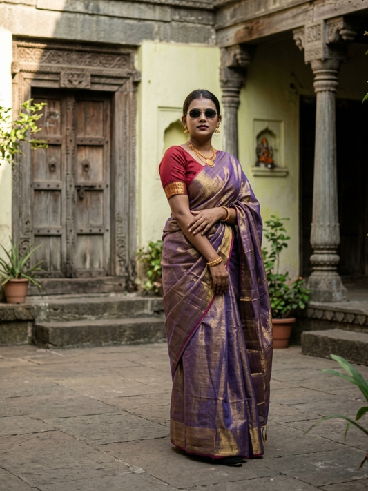 Aakar Sunehri Rush | Gold & Pink Handloom Tissue saree