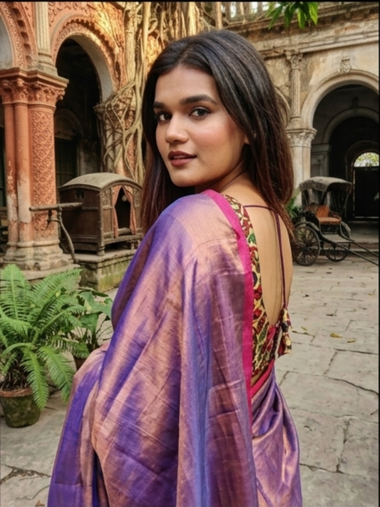 Aakar Midnight Melt | Copper & Blue Handloom Tissue Saree