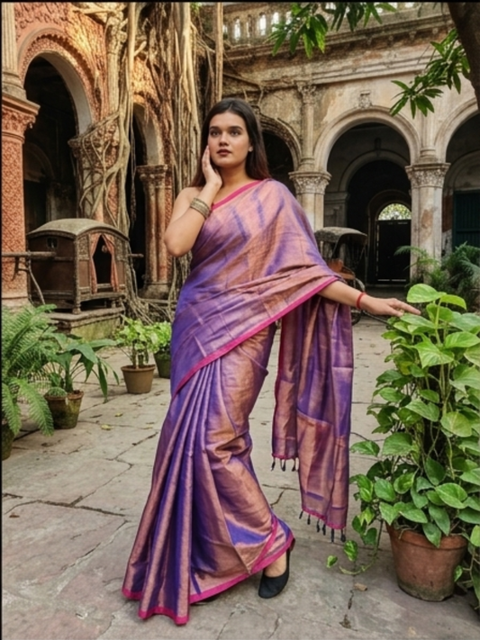 Aakar Midnight Melt | Copper & Blue Handloom Tissue Saree