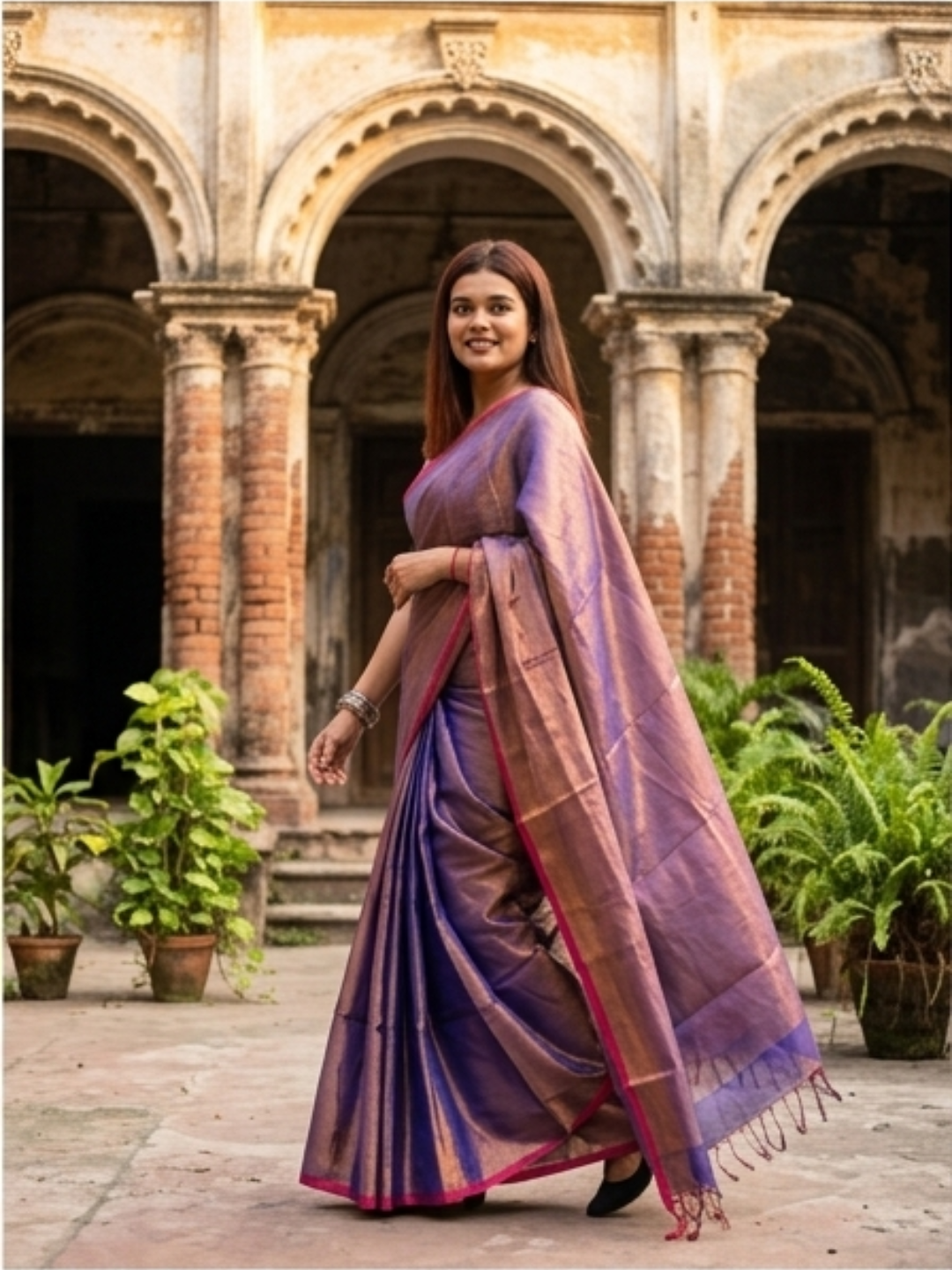 Aakar Midnight Melt | Copper & Blue Handloom Tissue Saree