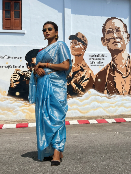 Aakar Aqua Bloom | Ocean Blue Handloom Tissue Saree
