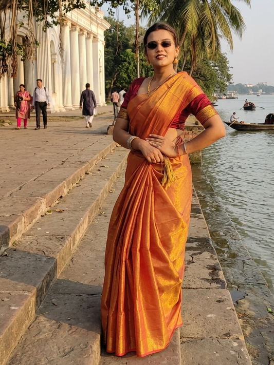 Orange Glow | Orange Handloom Tissue Saree