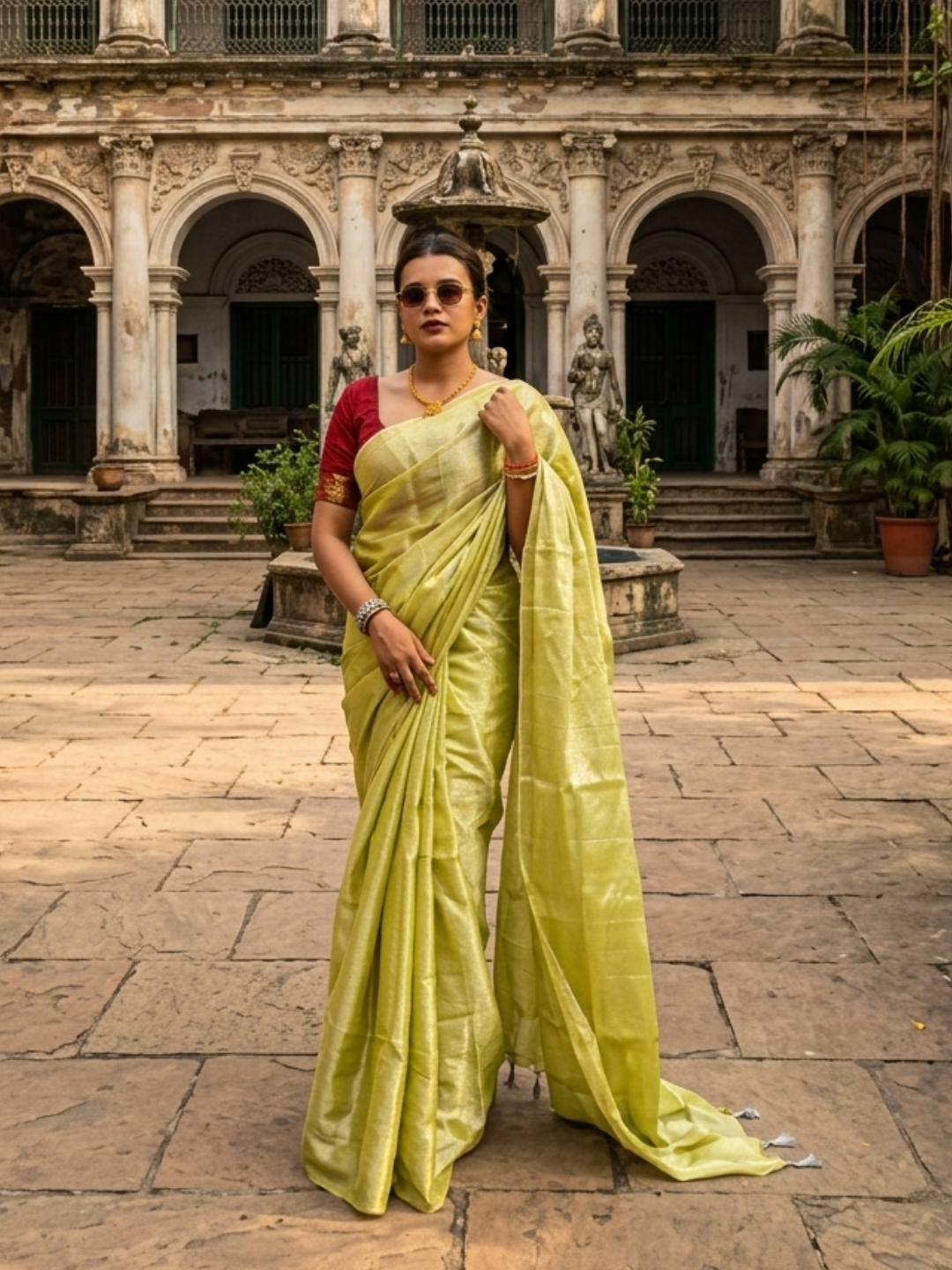 Aakar Citrine Breeze | Lime Yellow Handloom Tissue saree