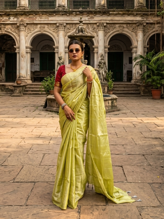 Aakar Citrine Breeze | Lime Yellow Handloom Tissue saree