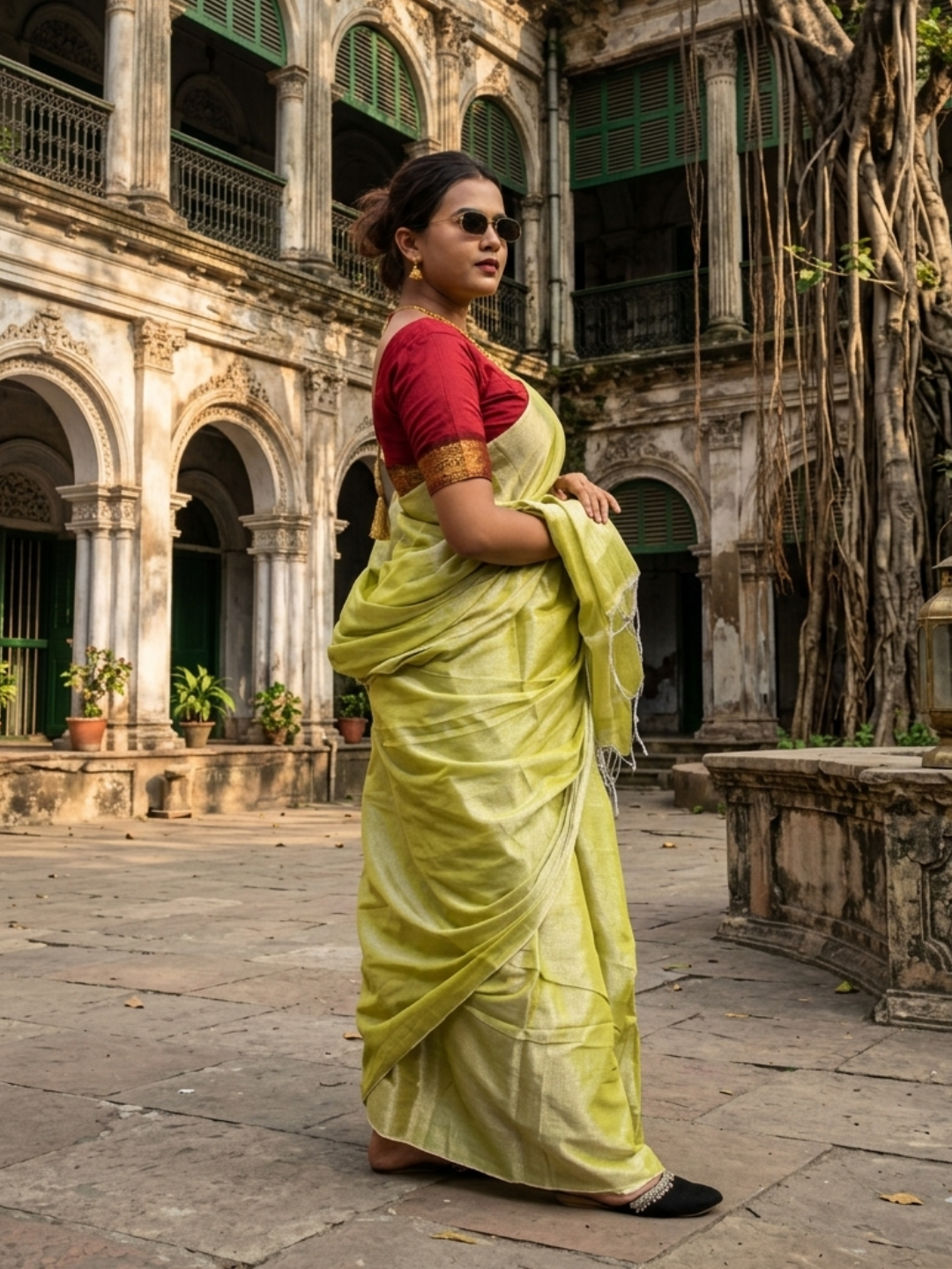 Aakar Citrine Breeze | Lime Yellow Handloom Tissue saree