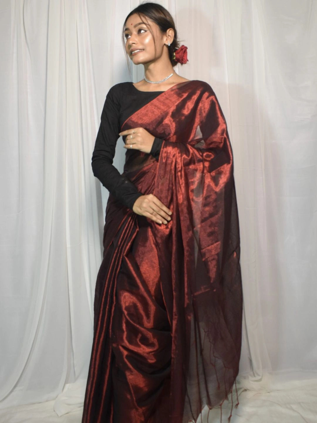 Wine Drizzle| Wine Red Handloom Tissue Saree
