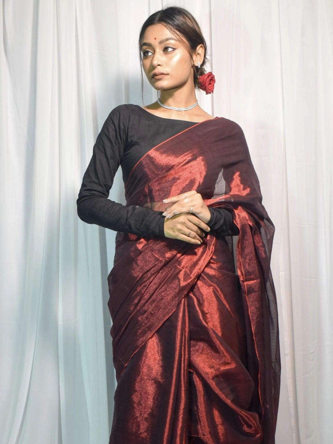 Wine Drizzle| Wine Red Handloom Tissue Saree