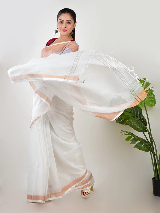Moon Mist | White Handloom Linen Saree