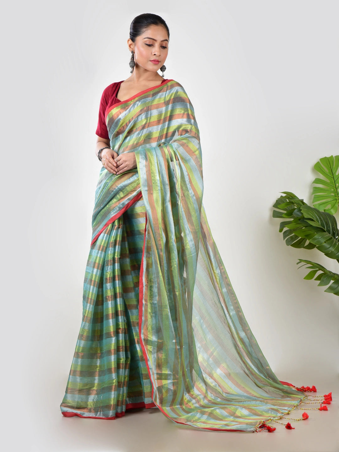 Jhilmil Noor | Green Multi Color Tissue Saree