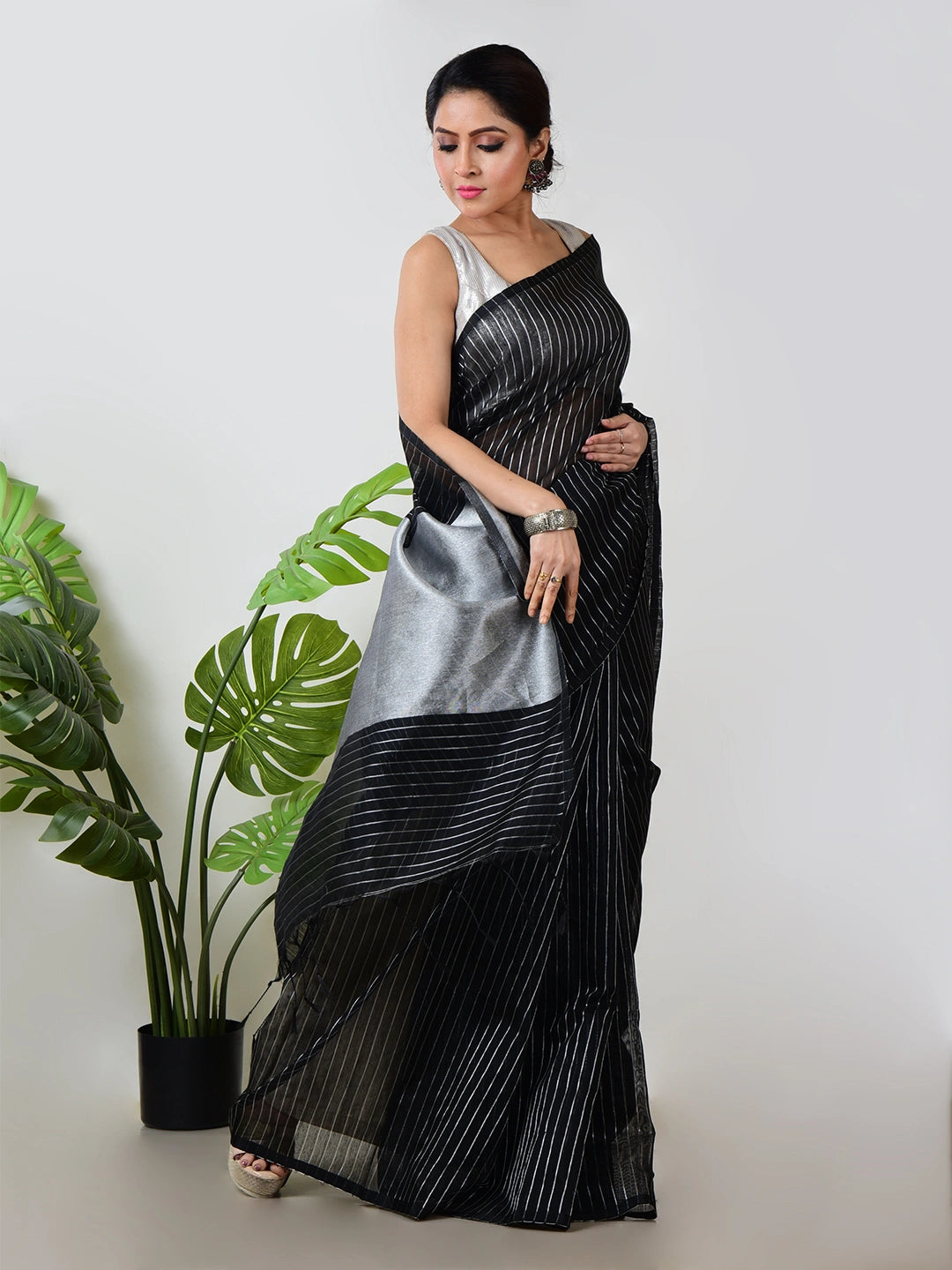 Nritya Nupur | Black Handloom Linen Saree with White Zari Stripe