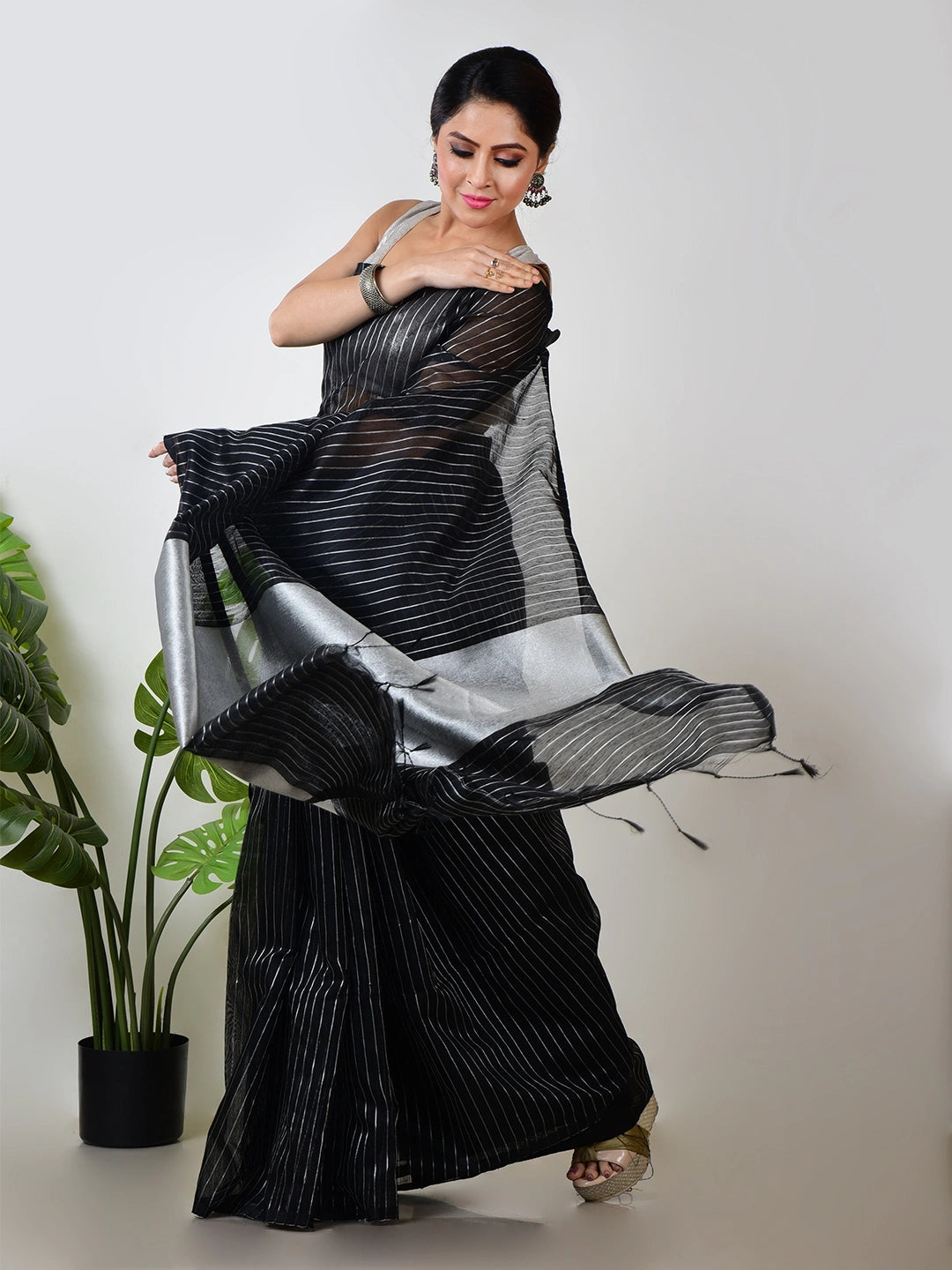 Nritya Nupur | Black Handloom Linen Saree with White Zari Stripe