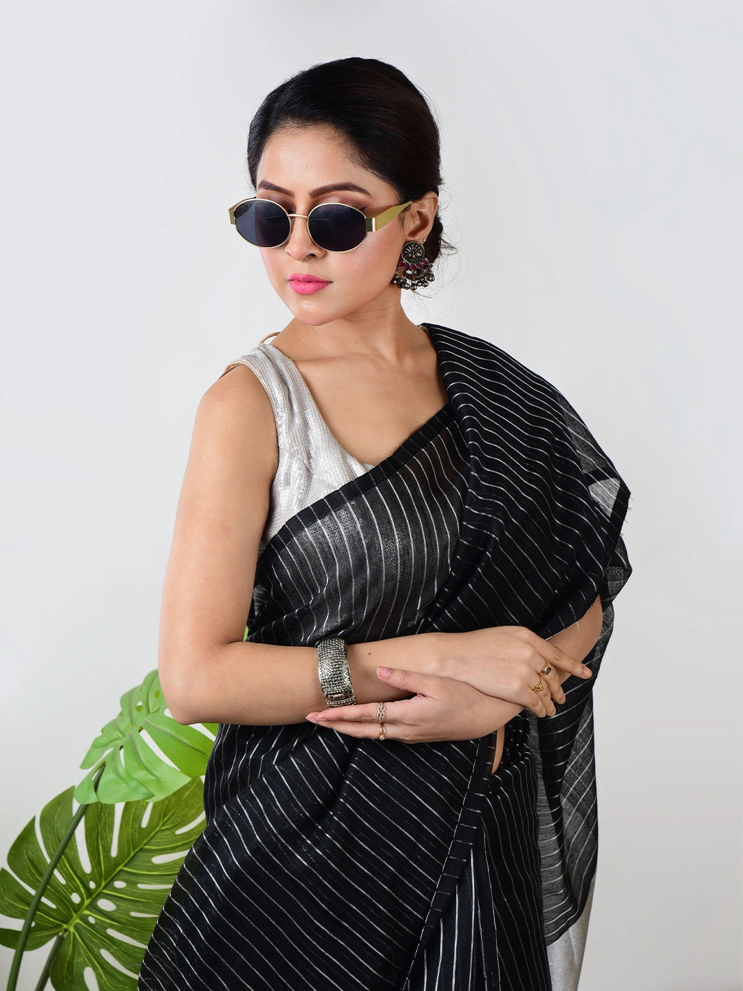 Nritya Nupur | Black Handloom Linen Saree with White Zari Stripe