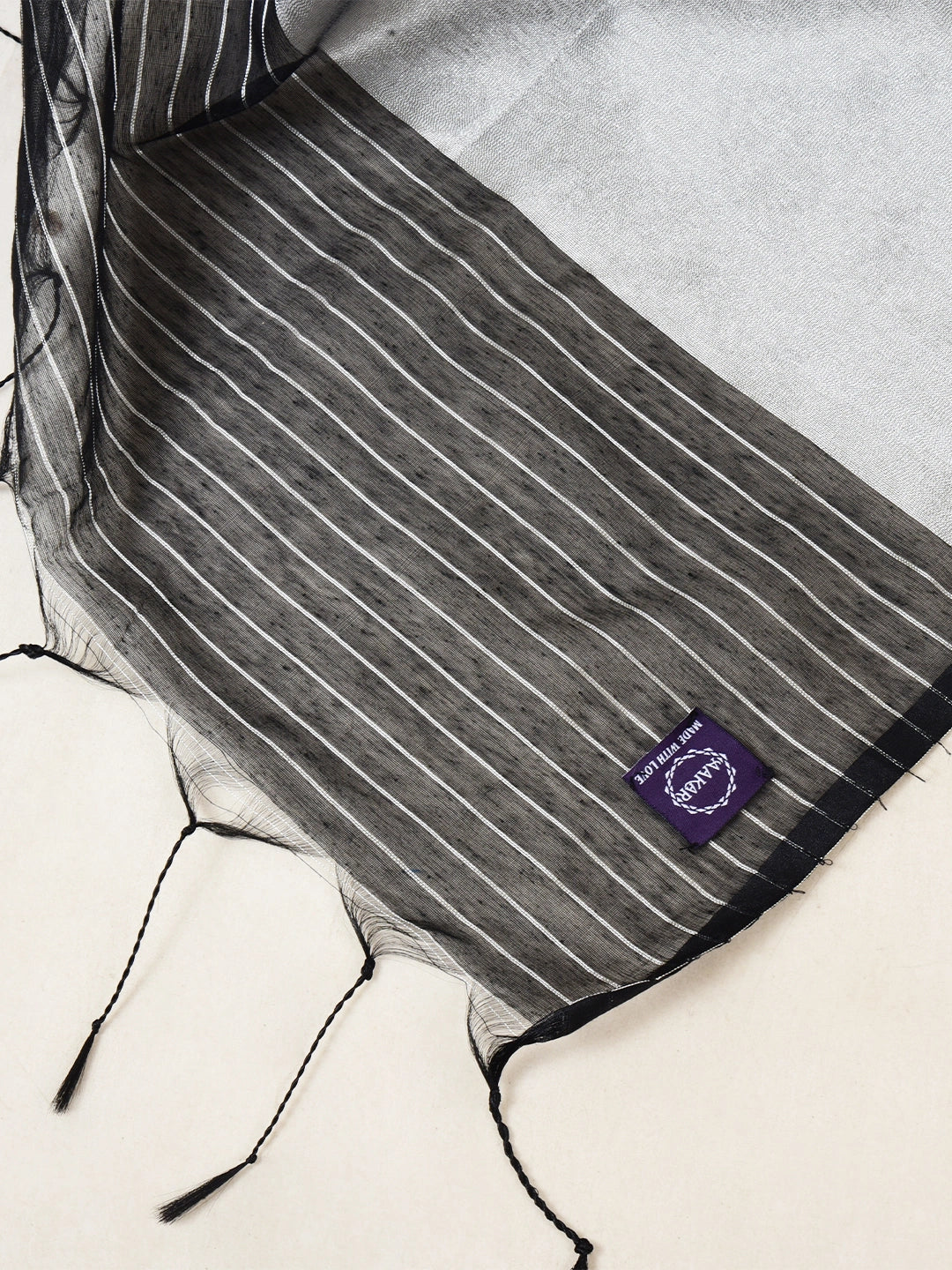 Nritya Nupur | Black Handloom Linen Saree with White Zari Stripe